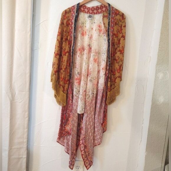 Ivy Jane Women's Size Small Floral Lace Mustard Gold Flamingo, Fringe Cardigan - Picture 5 of 12